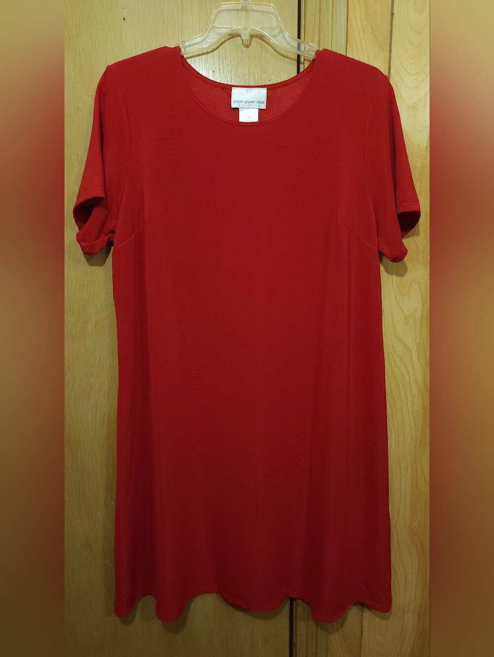 Vintage 90s Susan Graver Style Red Shift Dress 1XL  Short Sleeve Round Neck Knit